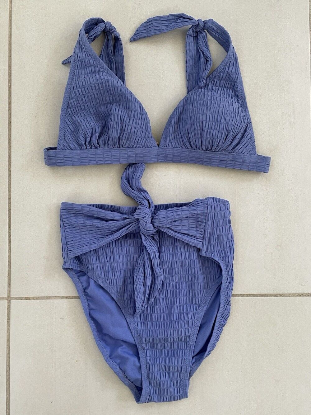 Jessica Simpson Swim Bikini Seersucker Textured High Waist Swimsuit